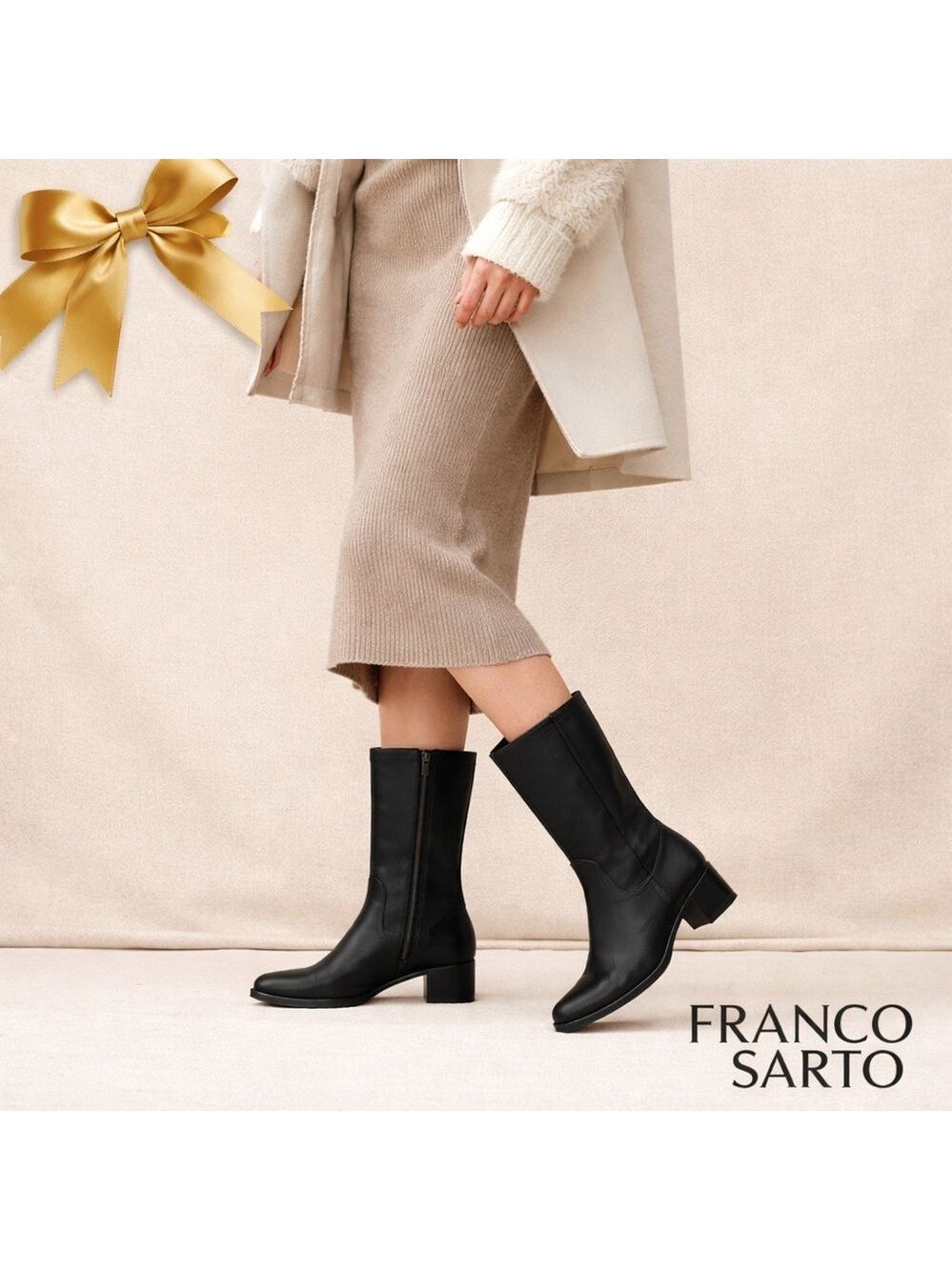 Franco Sarto L-Bundt Black Leather Block-Heeled Boots 6M